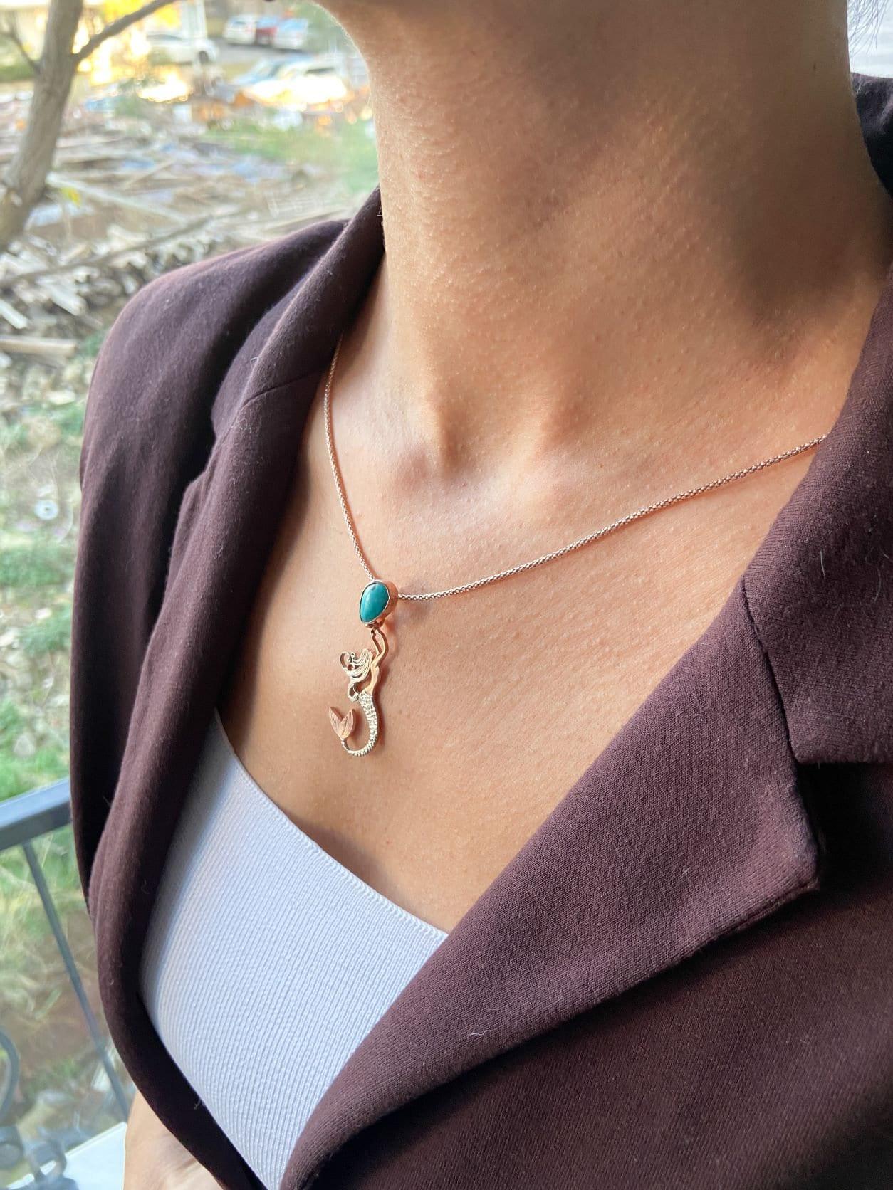 TURQUOISE Stone Mermaid Jewelry Natural Necklace For Women, Custom Design Handmade Mermaid Pendant - Tracesilver