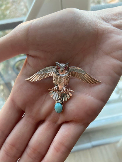 Turquoise Stone Owl Handmade Pendant, 925 Custom Desing Gemstone Owl, Turquoise Jewelry Owl, Root Ruby Eye Owl - Tracesilver