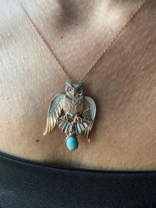 Turquoise Stone Owl Handmade Pendant, 925 Custom Desing Gemstone Owl, Turquoise Jewelry Owl, Root Ruby Eye Owl - Tracesilver