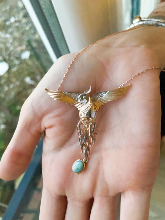 Turquoise Stone Phoenix Rose Gold Firebird Pendant, Custom Desing Gemstone Phoenix, Turquoise Phoenix Emerald Eye - Tracesilver