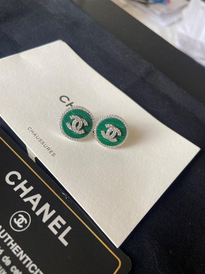 Vintage Chanel Malachite Stones 925 Sterling Silver Enamel Earrings - Tracesilver