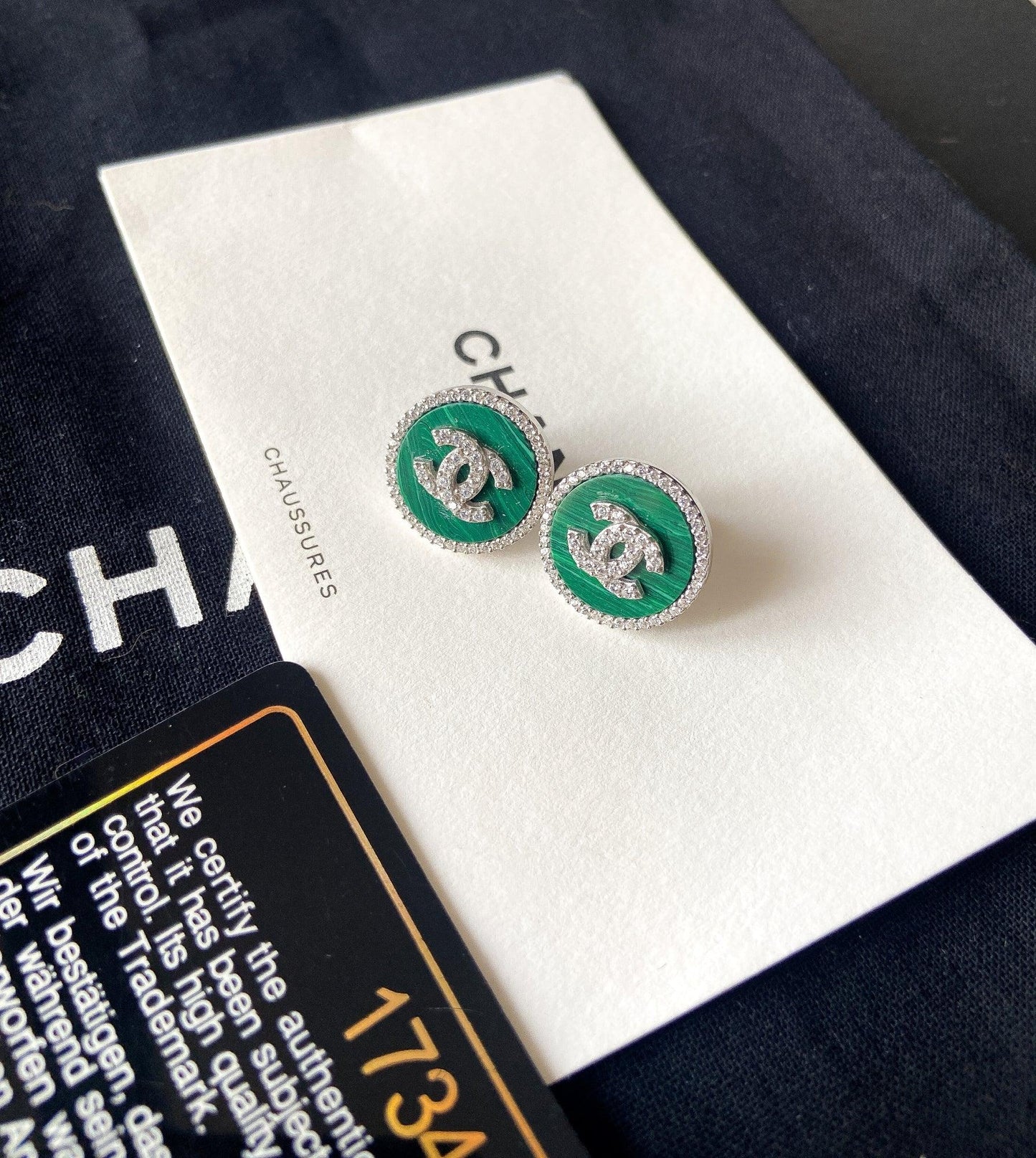 Vintage Chanel Malachite Stones 925 Sterling Silver Enamel Earrings - Tracesilver